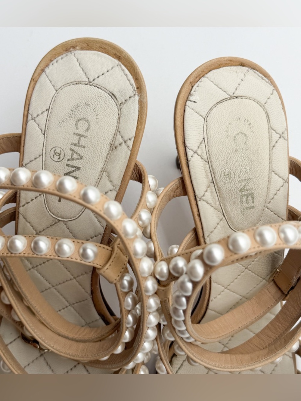 Chanel Beige Quilted Leather Pearl Embellished Ankle Strap Sandals Heels EU 37.5 - Picture 13 of 16